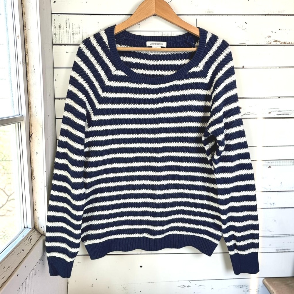 Sweater Liz Claiborne LT Tall Navy Blue White 100% Cotton Striped Scoop Raglan